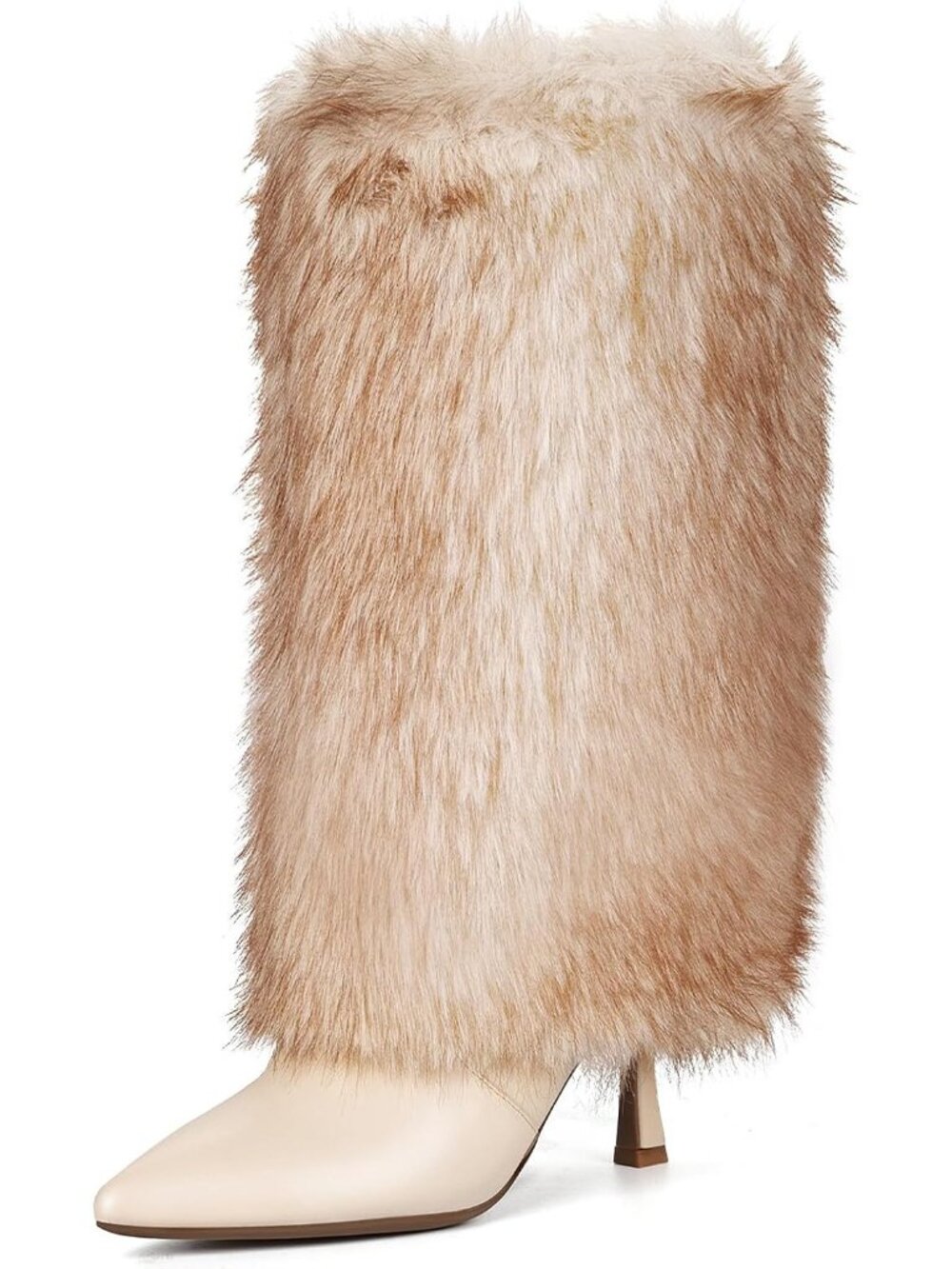 Women's Beige Kitten Heel Mid Calf Fur Boots Pointed Toe Short Boot Side Zip
